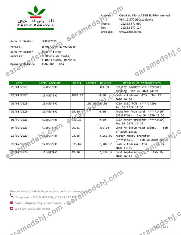 Morocco Credit Agricole bank statement template in Word and PDF format, good for address prove